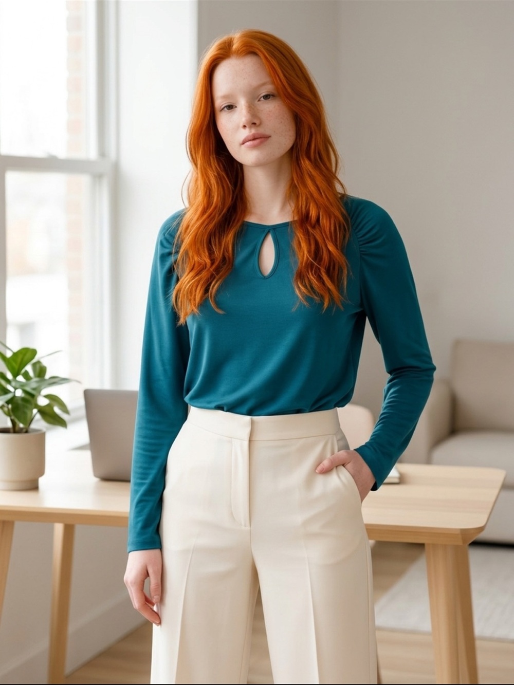H by Halston Teal Keyhole Ruched Shoulder Long Sleeve Blouse - Size M